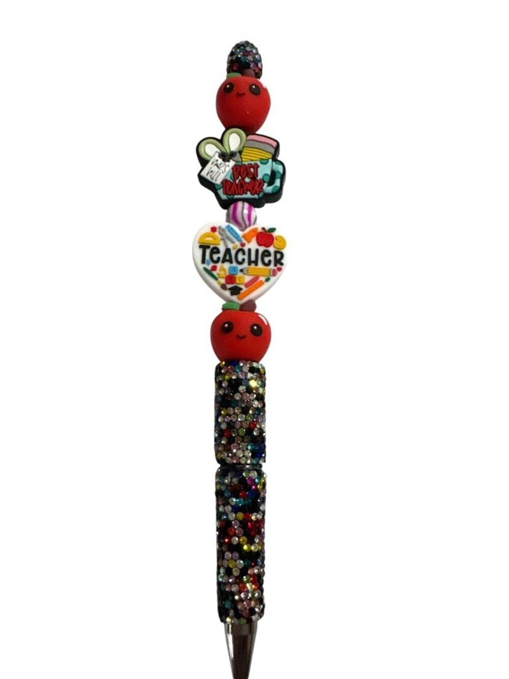 Teacher Appreciation Beaded Pen With Apple & Heart Accents Rhinestone Handle Bes